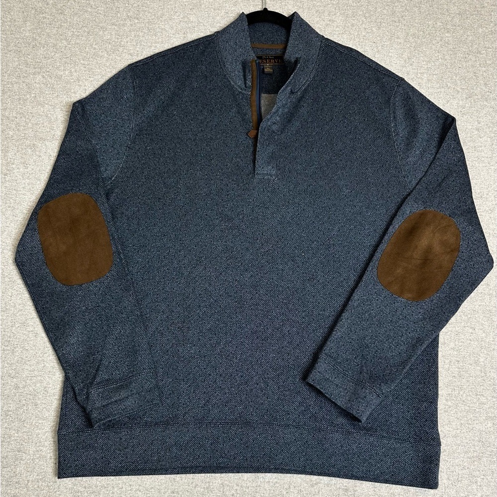 Jos. A. Bank Sweater Mens XL Blue Mock Neck Button Pullover Elbow Patches Cotton